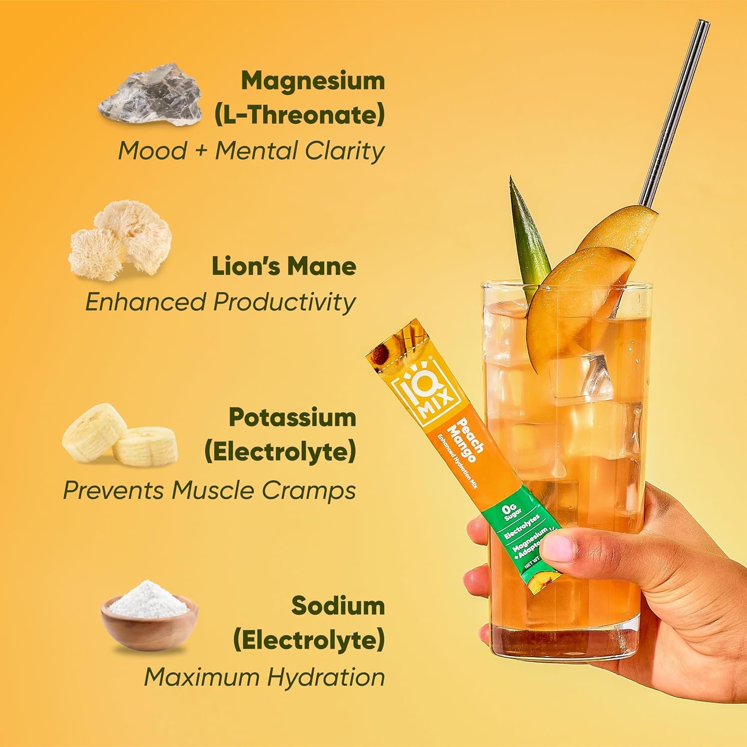 IQMIX Hydration Electrolyte Powder ‚Äì 4-in-1 Formula for Hydration Mental Clarity Mood and Recovery ‚Äì Sugar-Free Drink Mix Keto Magnesium L-Threonate Lion‚Äôs Mane ‚Äì 40 Count Peach Mango