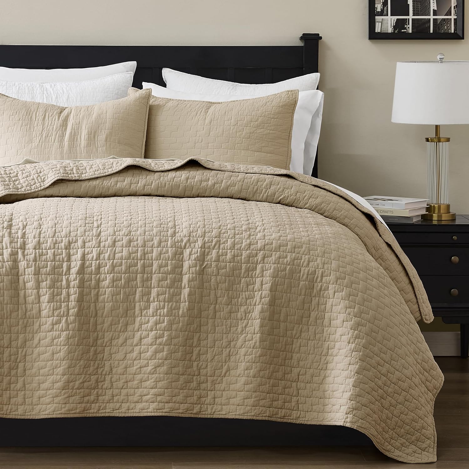 palassio Dark Beige 100% Cotton Quilt Twin Size Bedding Sets with 1 Pillow Sham Textured Lightweight Soft Bedspread Shabby Chic Coverlet Quilted Comforter Bed Cover for All Season 2 Pieces