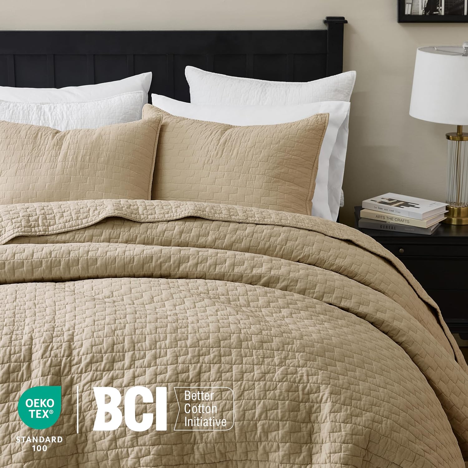 palassio Dark Beige 100% Cotton Quilt Twin Size Bedding Sets with 1 Pillow Sham Textured Lightweight Soft Bedspread Shabby Chic Coverlet Quilted Comforter Bed Cover for All Season 2 Pieces