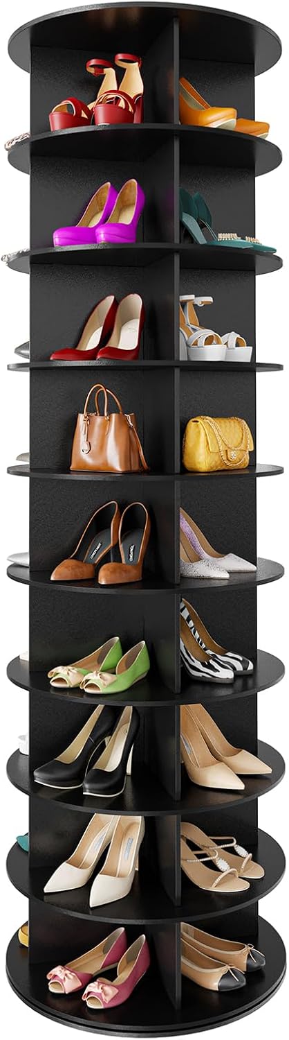 SpaceAid 9 Tier Rotating Shoe Rack Tower Spinning Shoe Display Lazy Susan Revolving 360 Shoe Rack Storage Round Carousel Vertical Handbag Rotate Shoes Closet Organization (9-Tier Black)