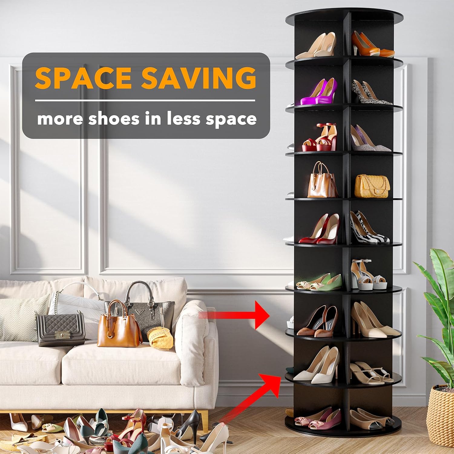 SpaceAid 9 Tier Rotating Shoe Rack Tower Spinning Shoe Display Lazy Susan Revolving 360 Shoe Rack Storage Round Carousel Vertical Handbag Rotate Shoes Closet Organization (9-Tier Black)