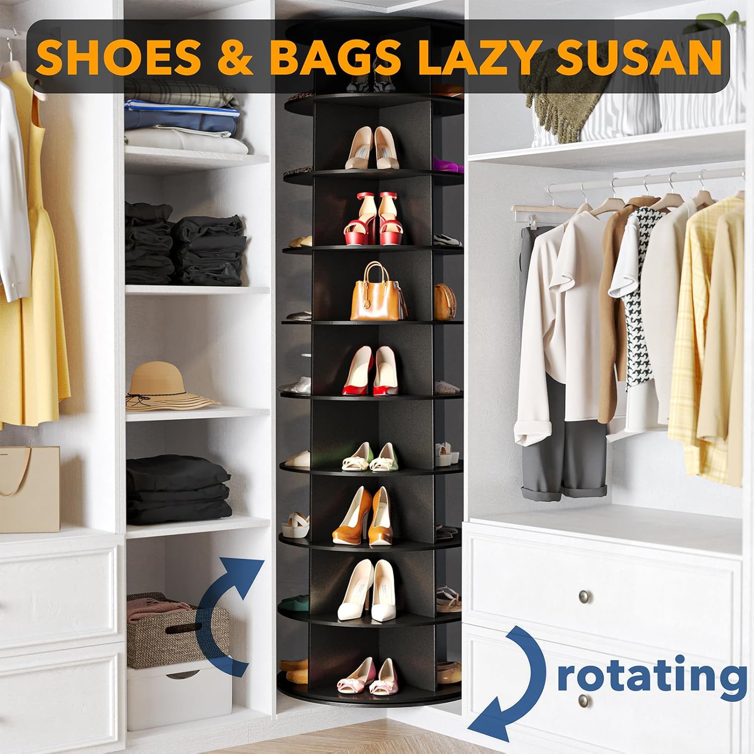 SpaceAid 9 Tier Rotating Shoe Rack Tower Spinning Shoe Display Lazy Susan Revolving 360 Shoe Rack Storage Round Carousel Vertical Handbag Rotate Shoes Closet Organization (9-Tier Black)