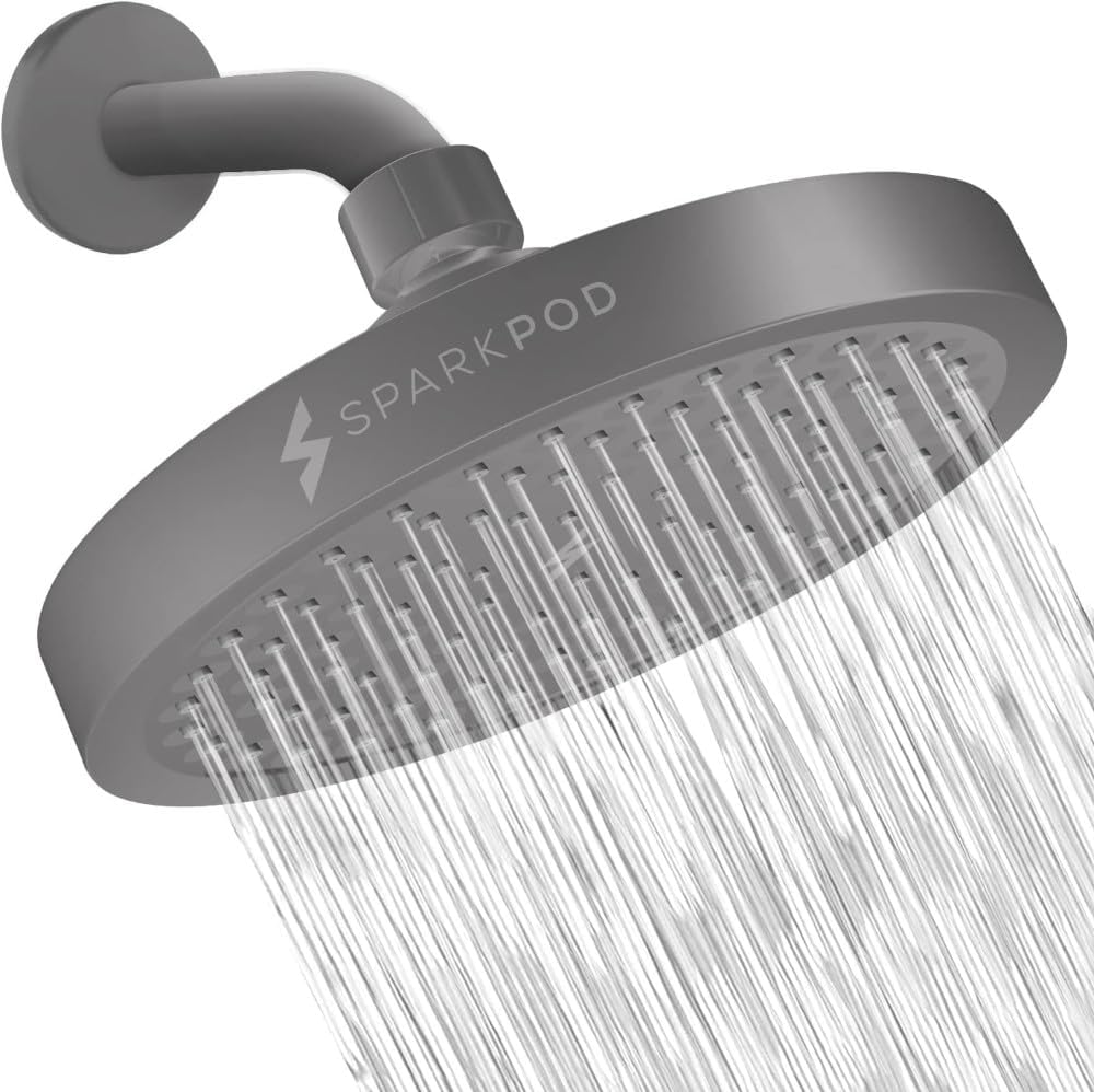 SparkPod Shower Head - High Pressure Rain - Premium Quality Luxury Design - Easy Clean Adjustable Replacement for Your Bathroom Shower Heads (Charcoal Grey 6 Inch Round)