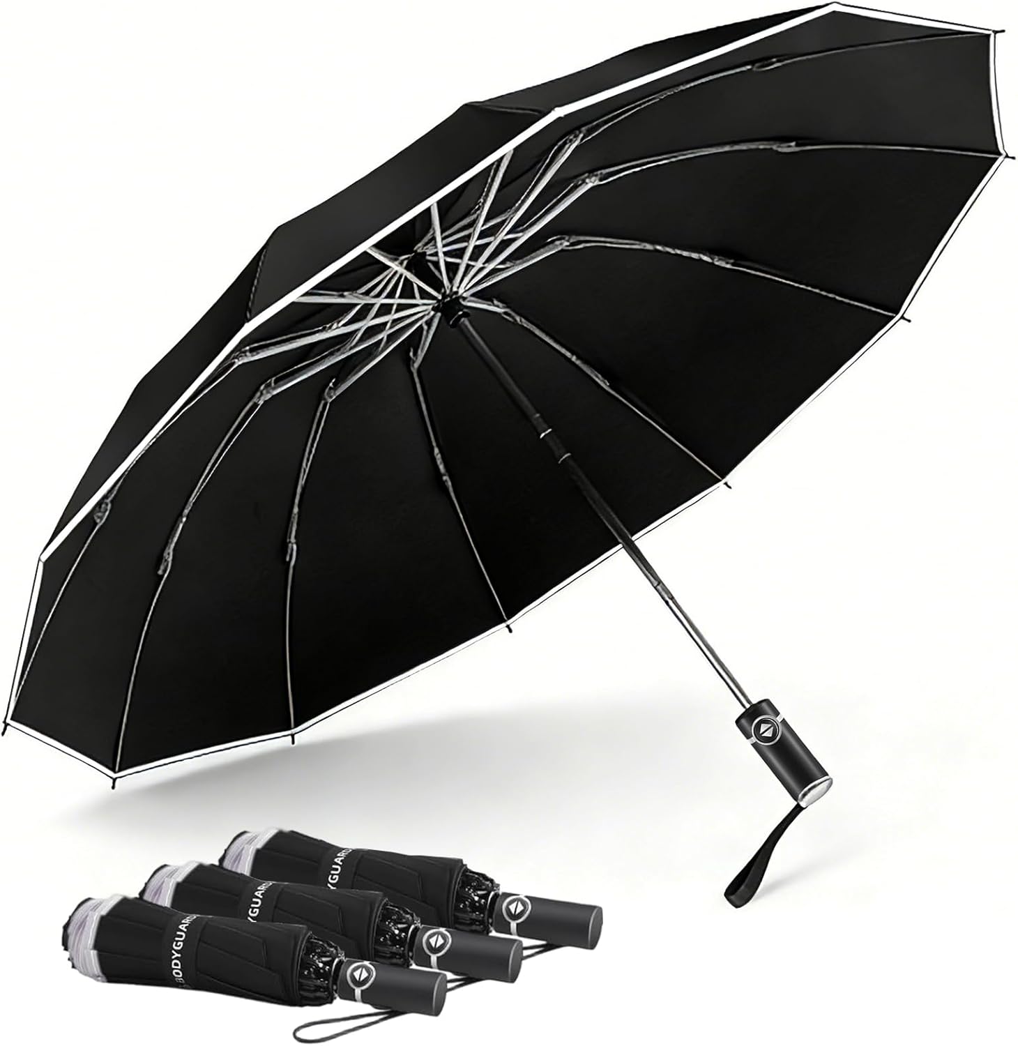 Bodyguard Inverted Umbrella Large Windproof Umbrellas for Rain Sun Travel Umbrella Compact with Reflective Stripe, Black-46 INCH (pack of 3)