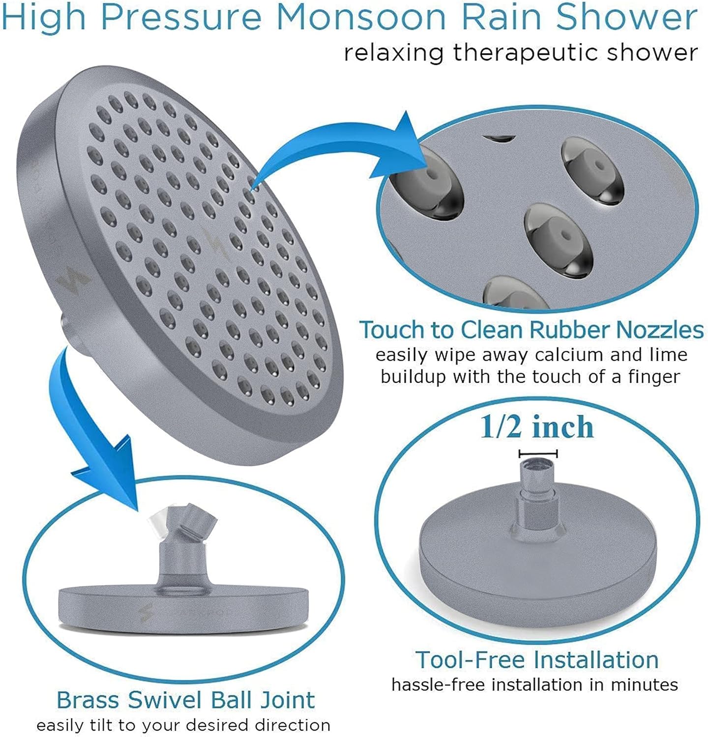 SparkPod Shower Head - High Pressure Rain - Premium Quality Luxury Design - Easy Clean Adjustable Replacement for Your Bathroom Shower Heads (Charcoal Grey 6 Inch Round)