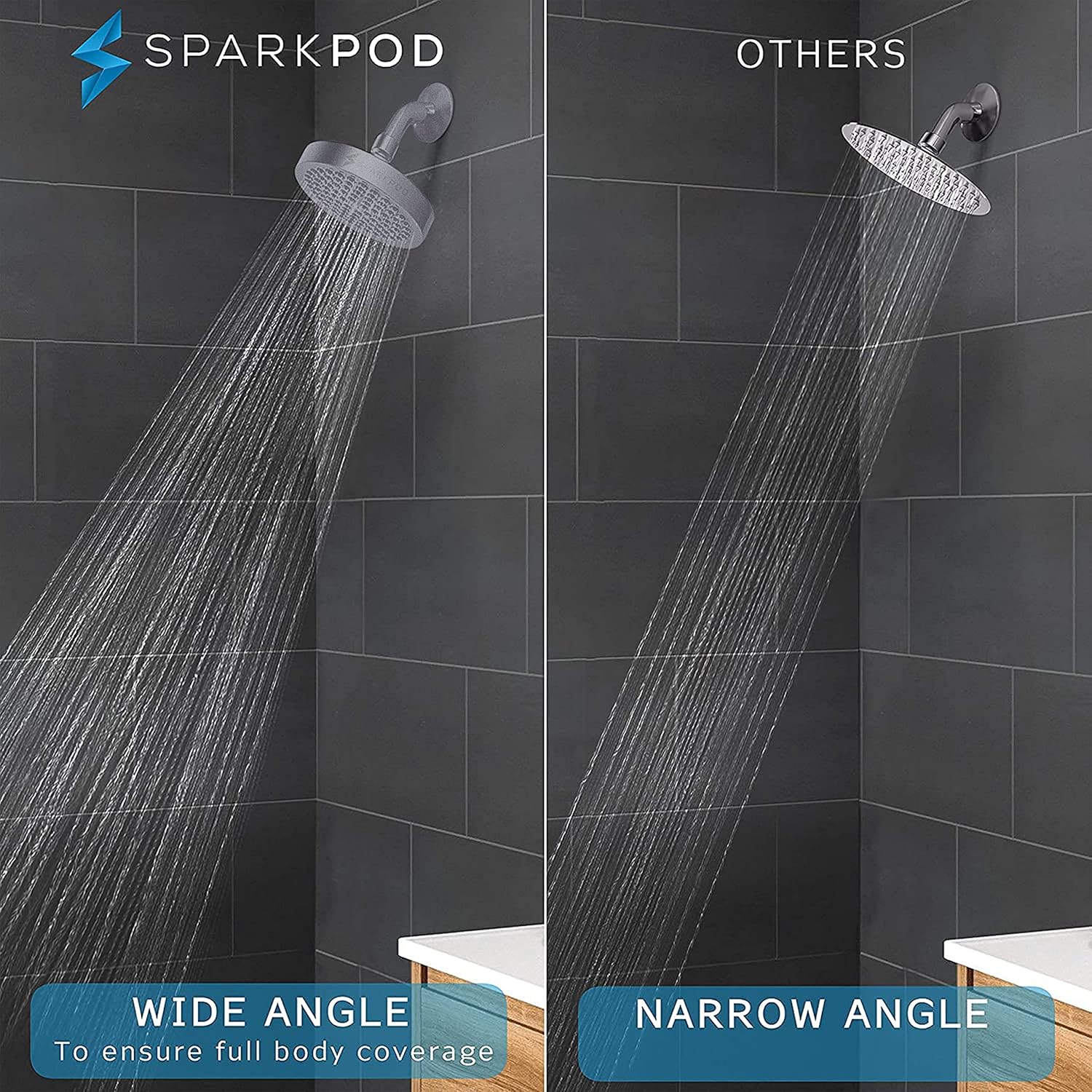 SparkPod Shower Head - High Pressure Rain - Premium Quality Luxury Design - Easy Clean Adjustable Replacement for Your Bathroom Shower Heads (Charcoal Grey 6 Inch Round)
