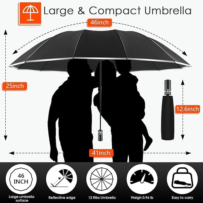 Bodyguard Inverted Umbrella Large Windproof Umbrellas for Rain Sun Travel Umbrella Compact with Reflective Stripe, Black-46 INCH (pack of 3)