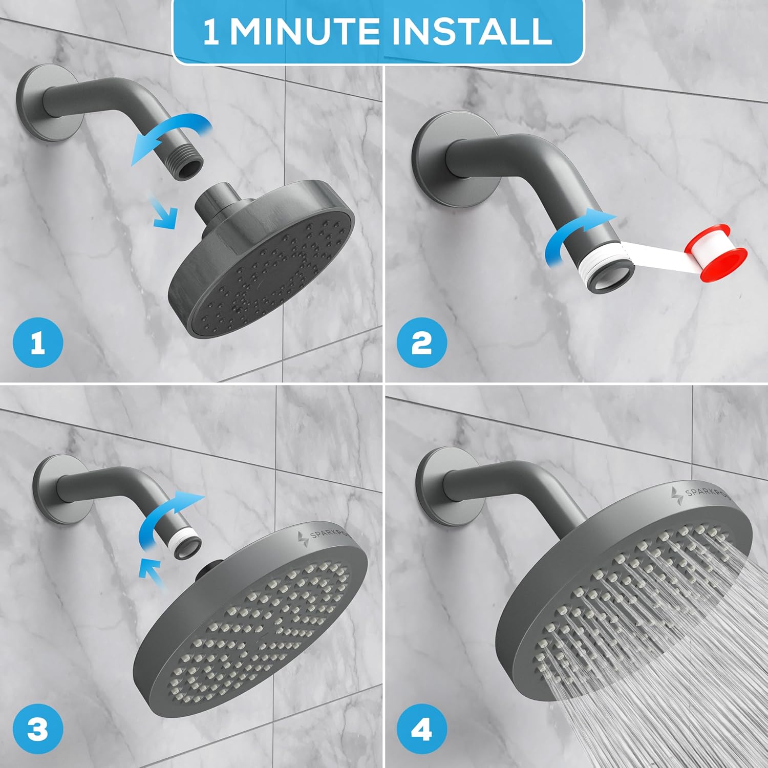 SparkPod Shower Head - High Pressure Rain - Premium Quality Luxury Design - Easy Clean Adjustable Replacement for Your Bathroom Shower Heads (Charcoal Grey 6 Inch Round)