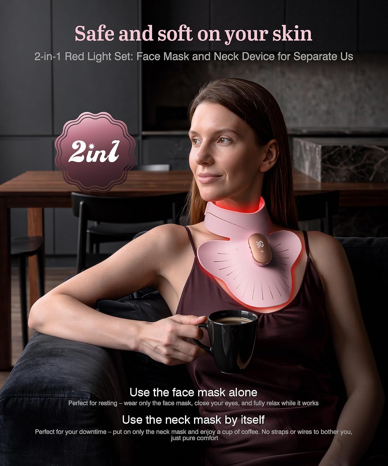 Red Light Therapy Mask for Face & Neck, 850nm NIR & 660nm Red LED, 4 Modes
