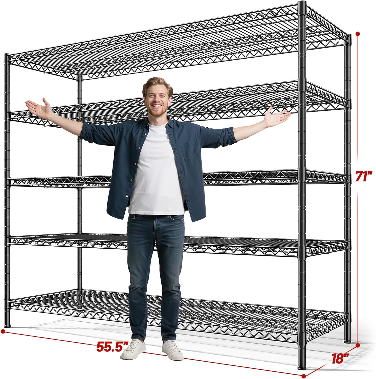 REIBII 3200LBS Storage Shelves 55.5" W Garage Shelving Heavy Duty 5 Tier Adjustable Wire Shelving Unit Metal Shelving for Garage Pantry Commercial Basement 55.5" W X 18''D X 71" H