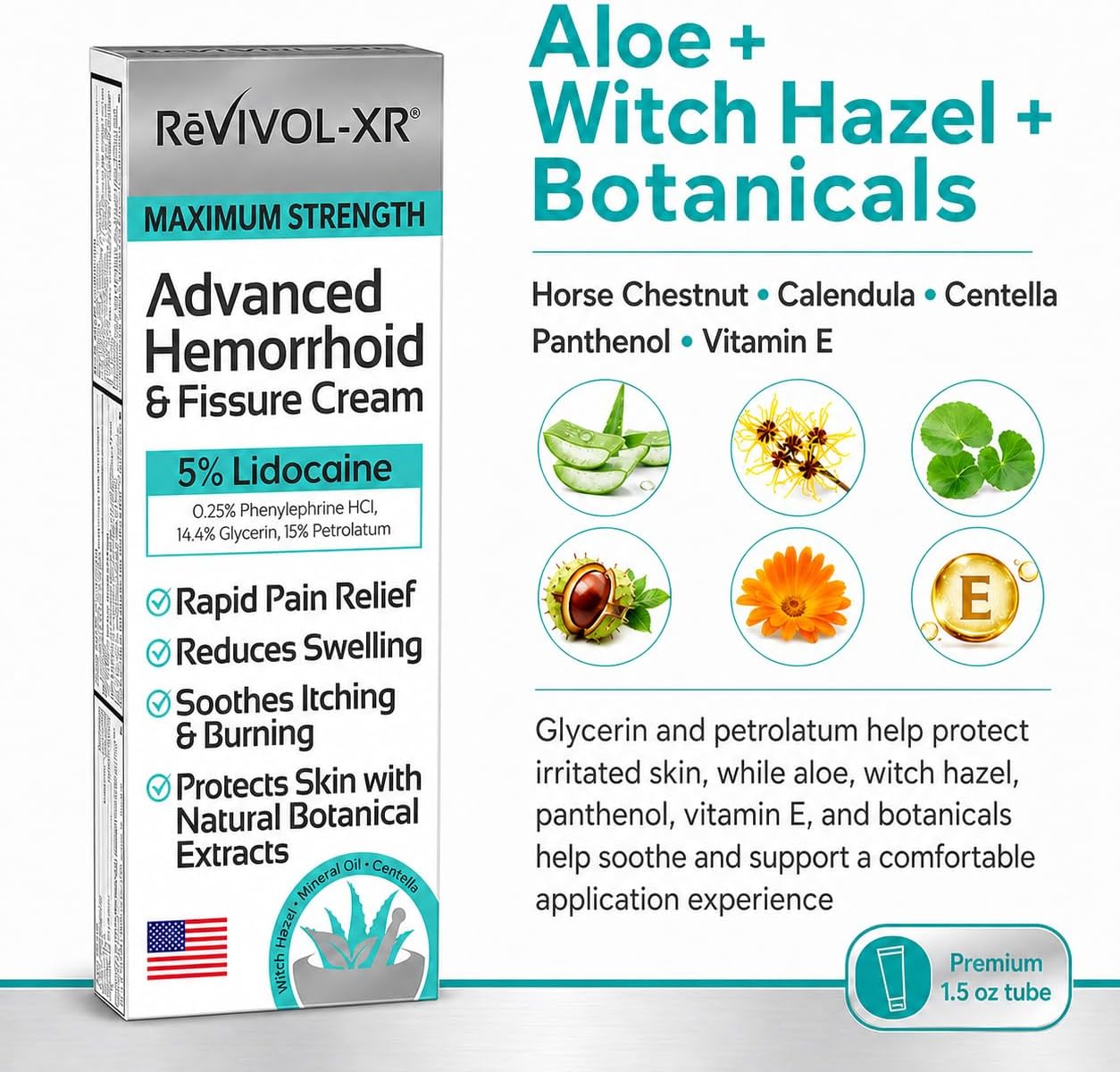REVIVOL-XR Advanced Hemorrhoid Treatment. 5% Lidocaine + Shrinks + Protects Skin + Aloe + Witch Hazel + Botanicals 1.5 oz Tube Temporary Relief of Pain Itching & Burning. Made in USA
