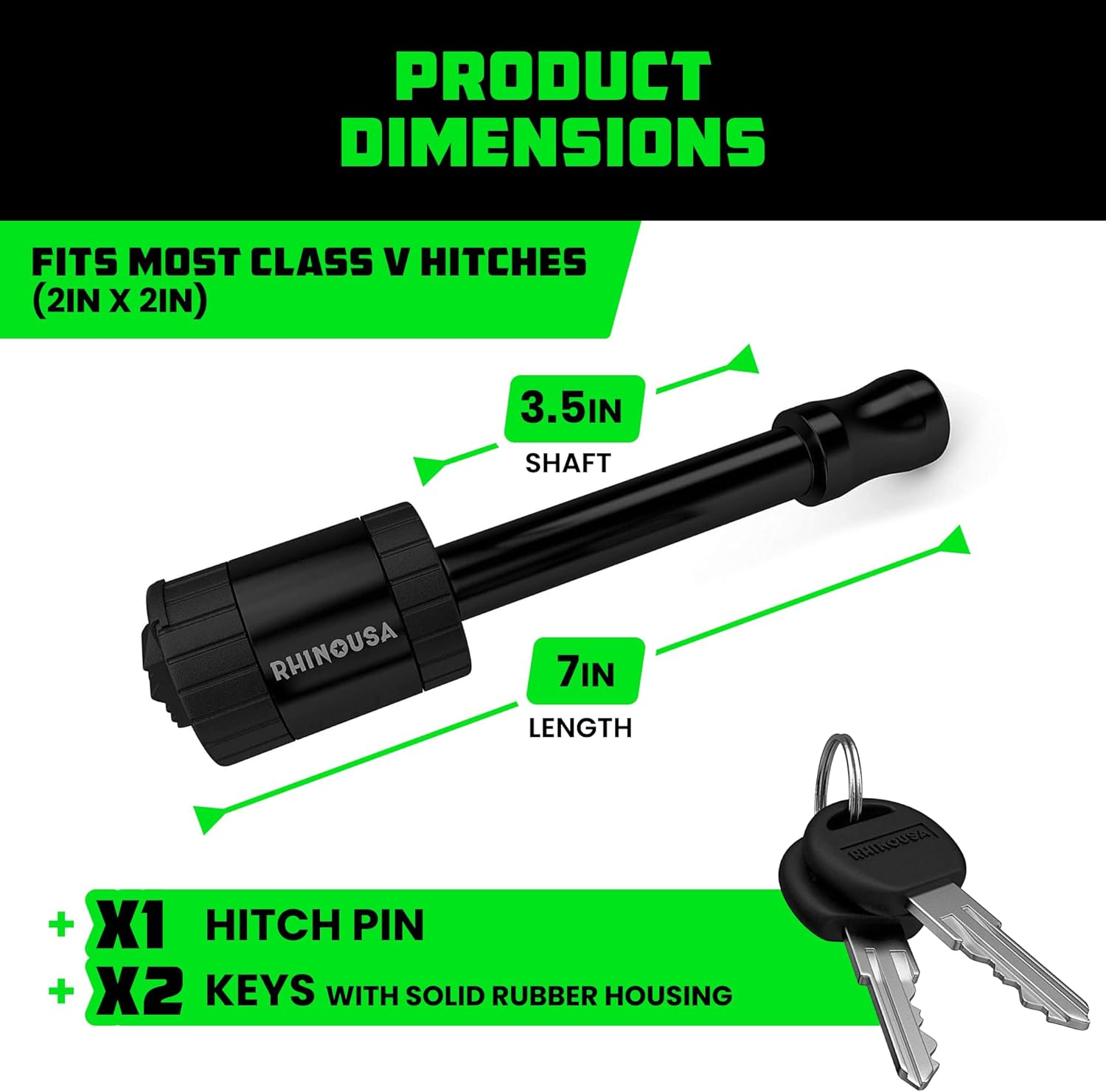 Rhino USA 2” Trailer Hitch Pin – Patented 5/8" Locking Receiver Pin for Class III/IV Hitches – Weatherproof, Anti-Theft, Debris-Protected – Tow Truck Ready – Black 1PK