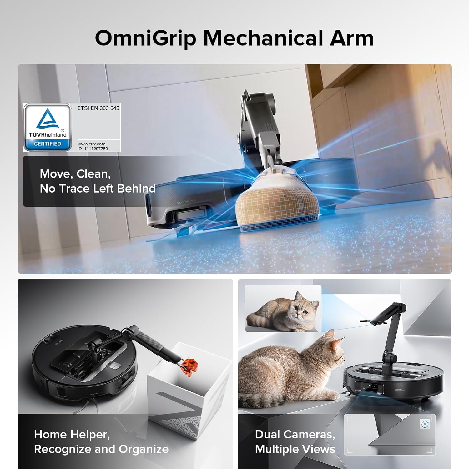roborock Saros Z70 Robot Vacuum and Mop, OmniGrip Arm, AI-Powered, 22,000Pa Suction, 3.14’’ Ultra Slim, FlexiArm Riser Technology, AdaptiLift Chassis, Obstacle Avoidance, Auto Mop Washing & Drying