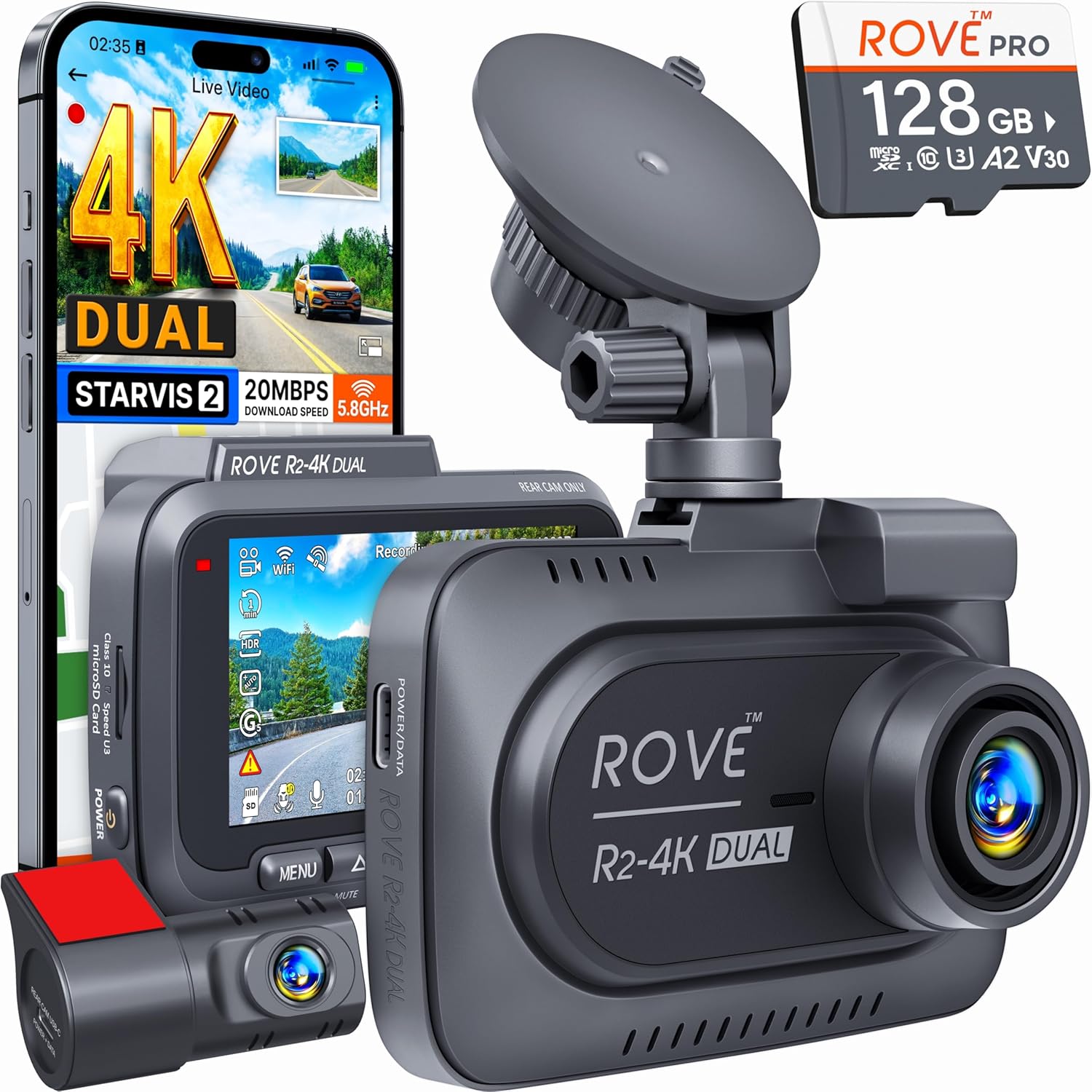 ROVE R2-4K DUAL Dash Cam Front and Rear, STARVIS 2 Sensor, FREE 128GB Card Included, 5G WiFi