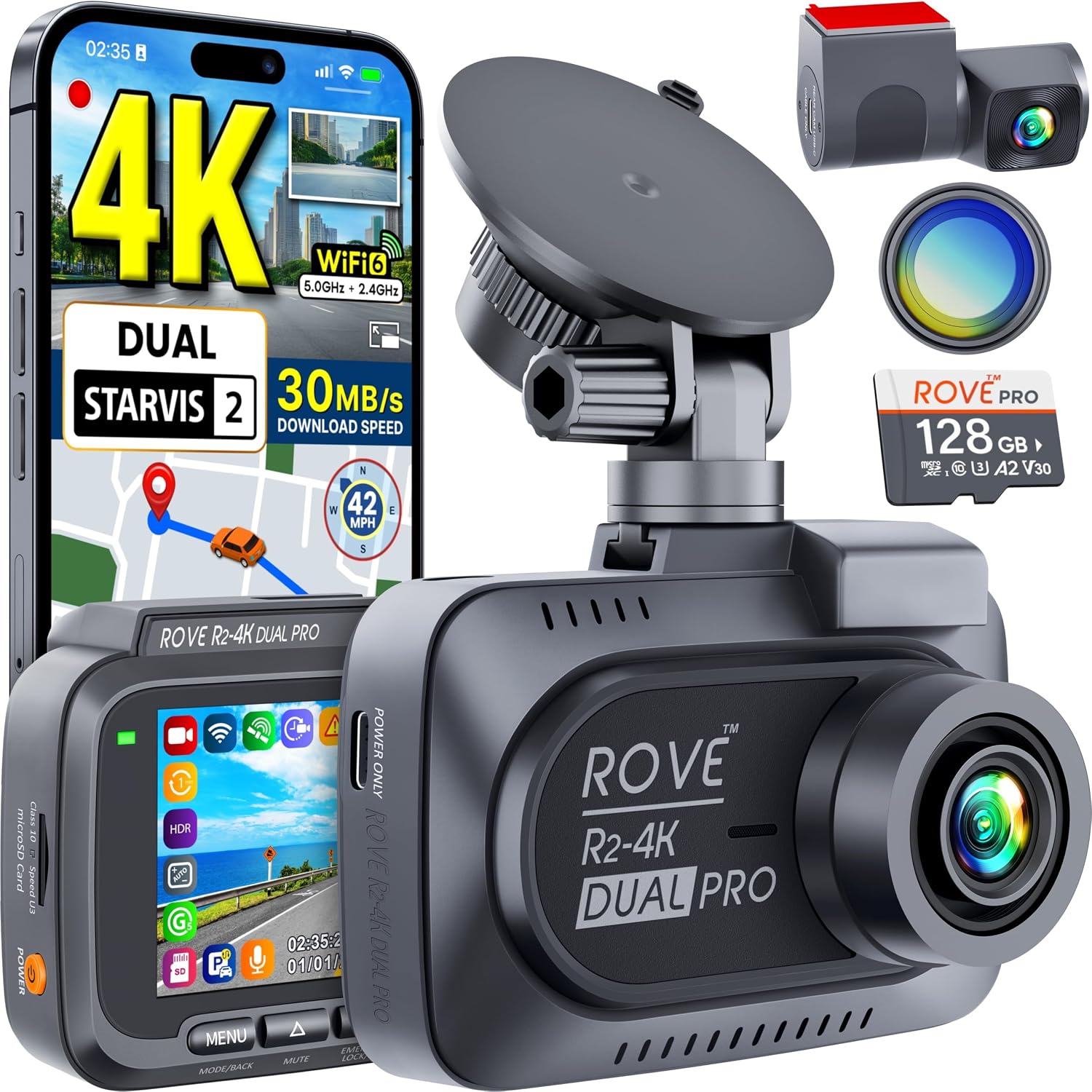 ROVE R2-4K Dual PRO Dash Cam Front and Rear, 4K+2K Dash Camera for Cars