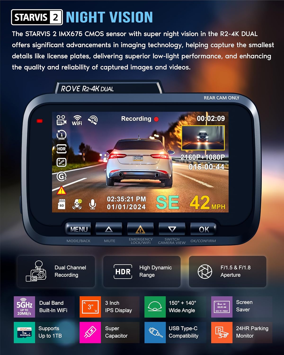 ROVE R2-4K DUAL Dash Cam Front and Rear, STARVIS 2 Sensor, FREE 128GB Card Included, 5G WiFi