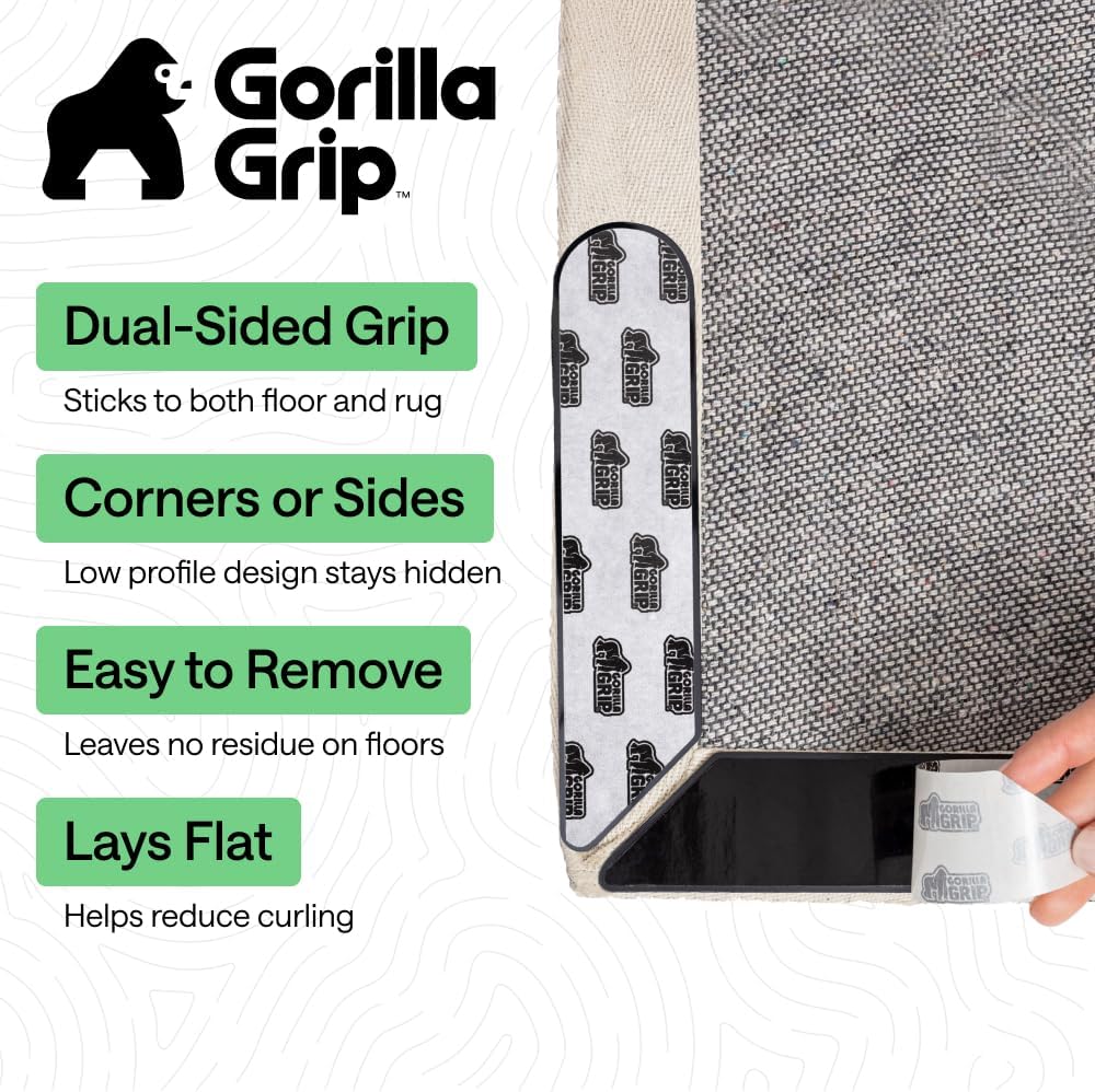 GORILLA GRIP¬Æ Rug Gripper Pads 24 pc Reusable Double-Sided Stickers Keep Area Rugs Corners Flat Grips Hardwood Tile and Laminate Floors Renter Friendly Holds Down Carpet in Place Home D√©cor