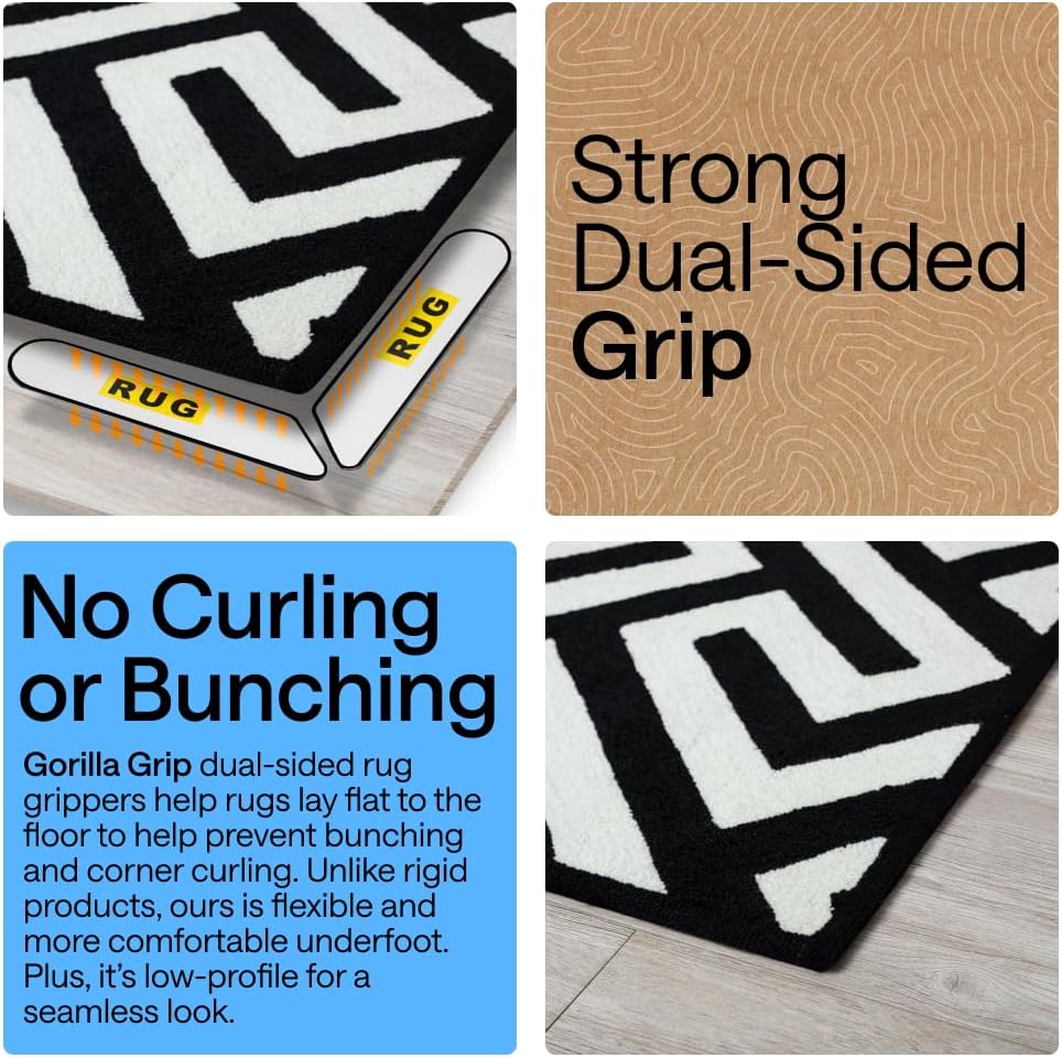 GORILLA GRIP¬Æ Rug Gripper Pads 24 pc Reusable Double-Sided Stickers Keep Area Rugs Corners Flat Grips Hardwood Tile and Laminate Floors Renter Friendly Holds Down Carpet in Place Home D√©cor