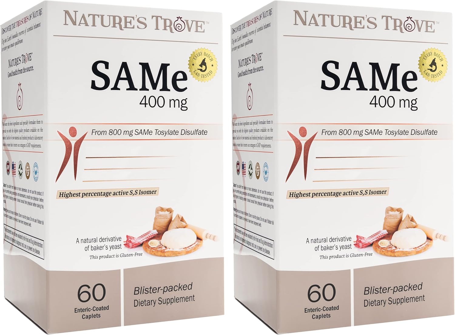 Nature's Trove SAM-e 400mg 120 Enteric Coated Caplets (2 Boxes of 60) - Vegan Kosher Non-GMO Soy Free Gluten Free - Mood and Joint Comfort - Cold Form Blister Packed