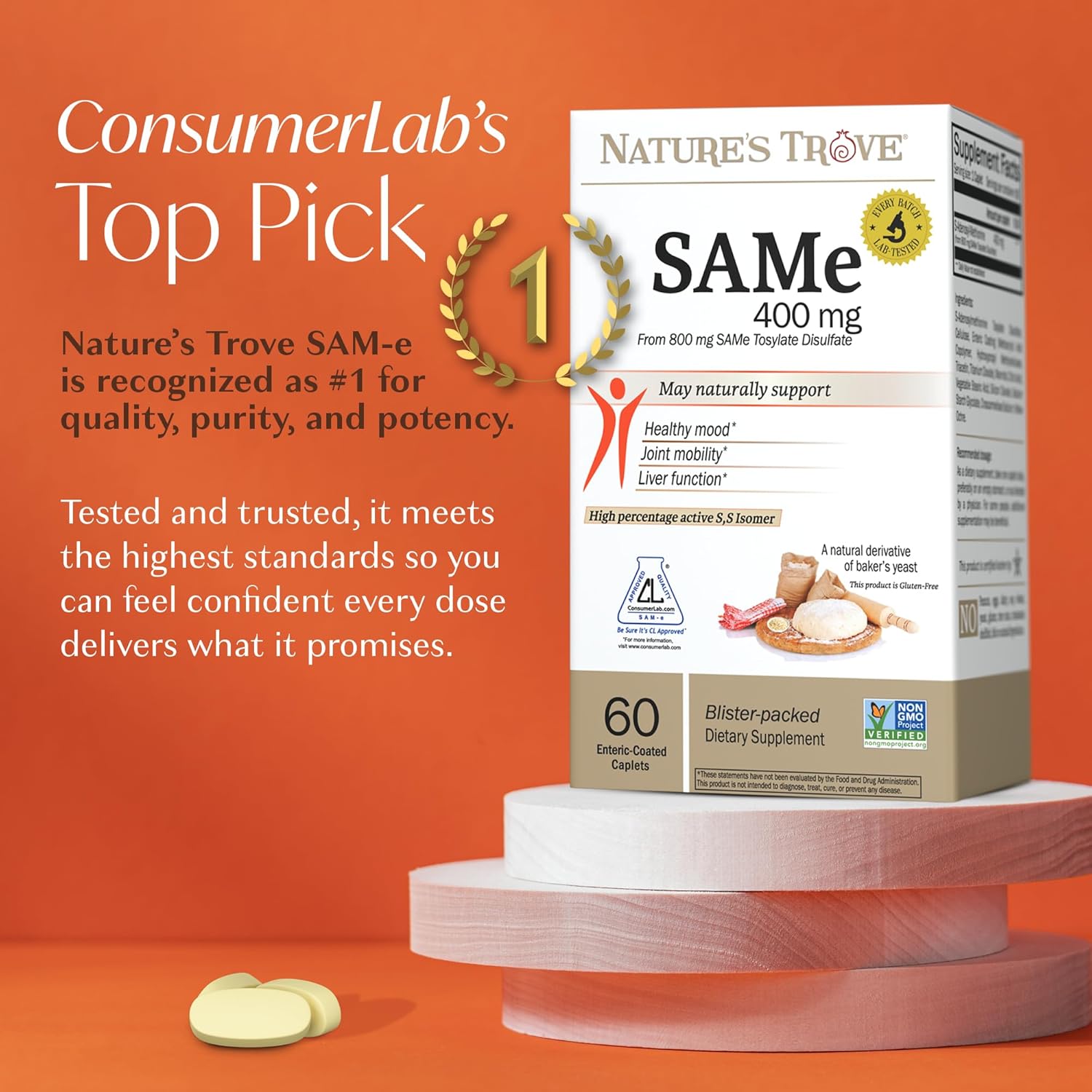 Nature's Trove SAM-e 400mg 120 Enteric Coated Caplets (2 Boxes of 60) - Vegan Kosher Non-GMO Soy Free Gluten Free - Mood and Joint Comfort - Cold Form Blister Packed