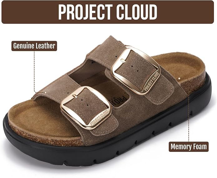 Project Cloud Genuine Leather Sandals for Women 2026 - Fashion Flat Mules with Memory Foam Insole Slides (Jannel Blk 11)
