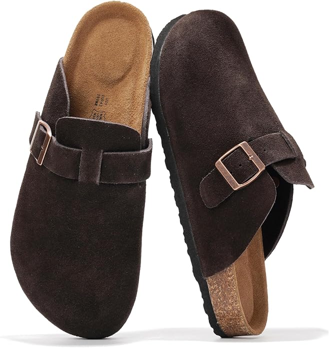 Project Cloud Mens Clogs - 100% Full Grain Genuine Leather Clogs for Men with Memory Foam Insole and Arch Support Natural Cork Footbed - Non Slip Mules Mens Slippers (Brooklyn BRWNSUEDE 7.5)
