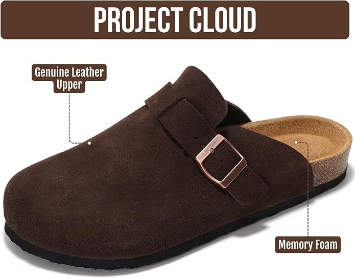 Project Cloud Mens Clogs - 100% Full Grain Genuine Leather Clogs for Men with Memory Foam Insole and Arch Support Natural Cork Footbed - Non Slip Mules Mens Slippers (Brooklyn BRWNSUEDE 7.5)