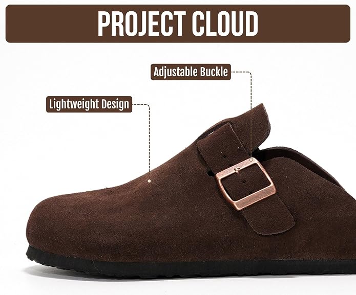 Project Cloud Mens Clogs - 100% Full Grain Genuine Leather Clogs for Men with Memory Foam Insole and Arch Support Natural Cork Footbed - Non Slip Mules Mens Slippers (Brooklyn BRWNSUEDE 7.5)