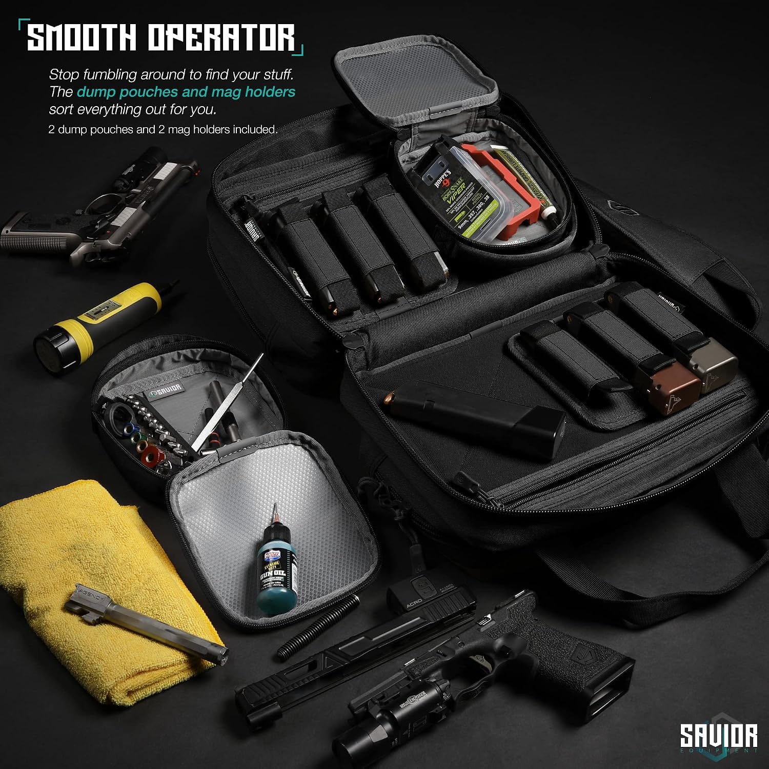 Savior Equipment Specialist Series Mini Range Bag Tactical Dual Pistol Handgun Revolver Bag Gun Carrying Case, X-Large Compartments w/Lockable Zippers, Deluxe Padded Shoulder Strap Included