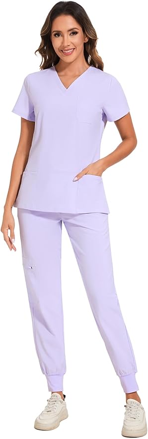 COZYFIT Scrubs for Women Set - Stretch V-Neck Scrub Top & Jogger Pant with 8 Pockets Yoga Waistband Slim Fit COZY SCRUBS - Light Lilac Purple S