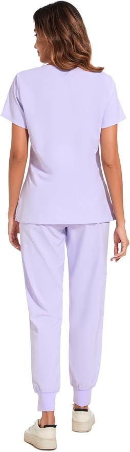 COZYFIT Scrubs for Women Set - Stretch V-Neck Scrub Top & Jogger Pant with 8 Pockets Yoga Waistband Slim Fit COZY SCRUBS - Light Lilac Purple S