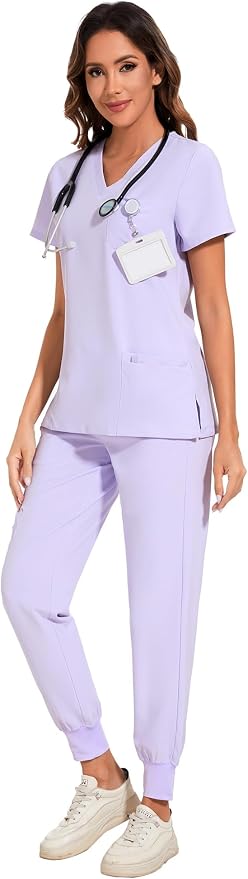 COZYFIT Scrubs for Women Set - Stretch V-Neck Scrub Top & Jogger Pant with 8 Pockets Yoga Waistband Slim Fit COZY SCRUBS - Light Lilac Purple S