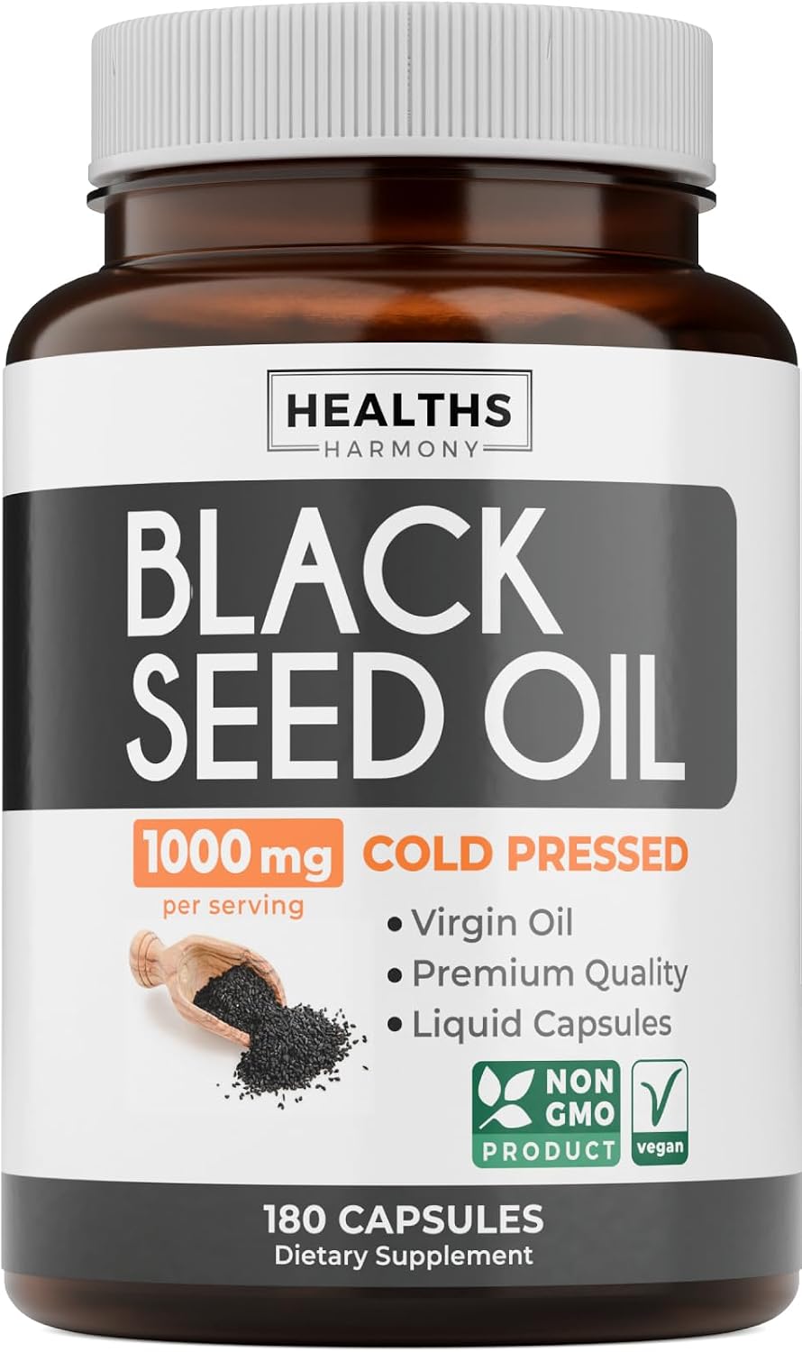 Black Seed Oil - 180 Softgel Capsules (Non-GMO & Vegan) Premium Cold-Pressed Nigella Sativa Producing Pure Black Cumin Seed Oil with Vitamin E - 500mg Each 1000mg Per 2 Capsule Serving