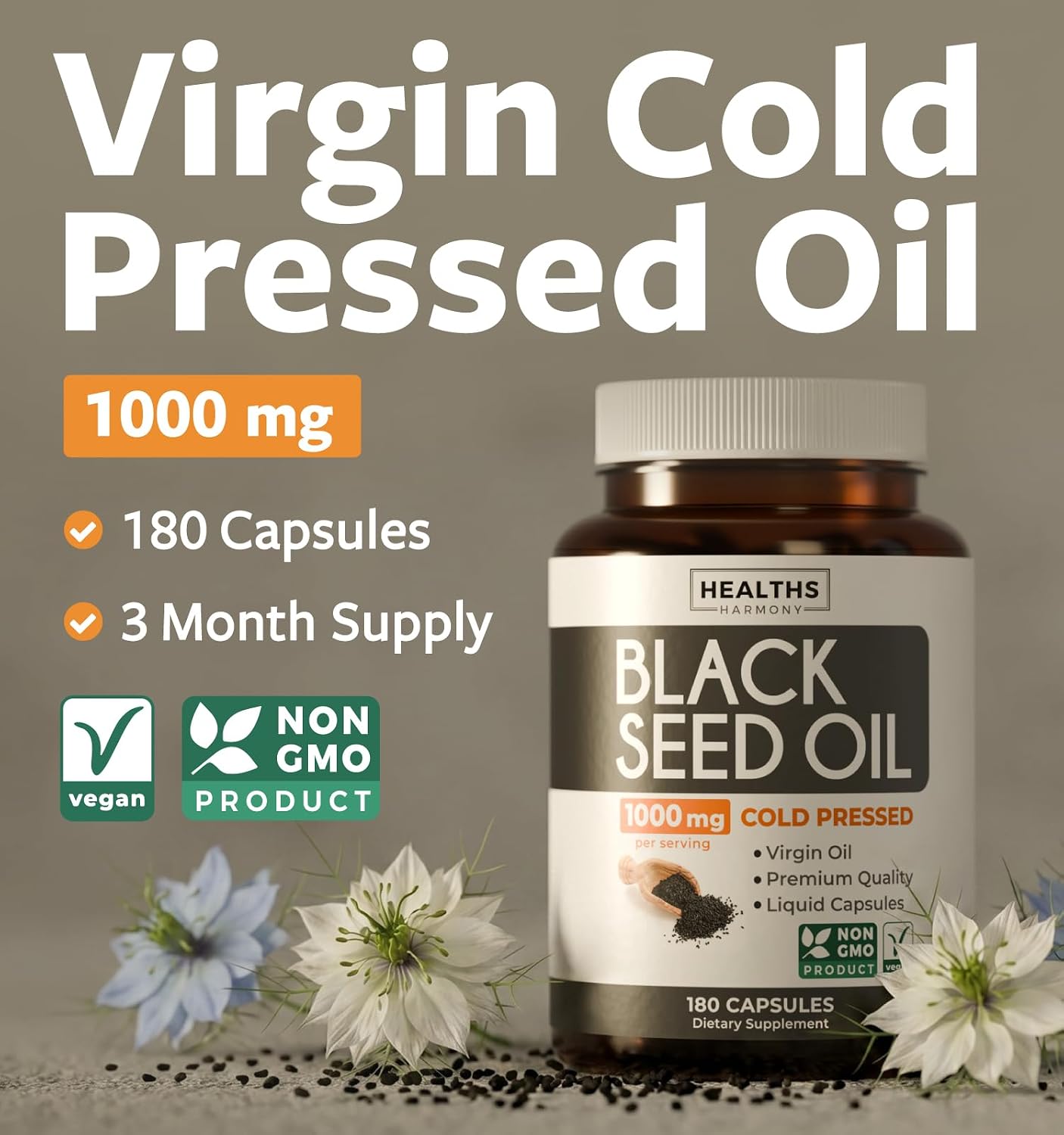 Black Seed Oil - 180 Softgel Capsules (Non-GMO & Vegan) Premium Cold-Pressed Nigella Sativa Producing Pure Black Cumin Seed Oil with Vitamin E - 500mg Each 1000mg Per 2 Capsule Serving