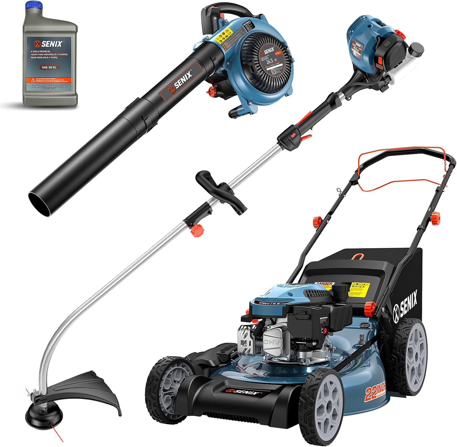 SENIX 22" Self-Propelled Gas Lawn Mower (170cc) +17-Inch 26.5 cc Gas Weed Wacker + 26.5cc Gas Leaf Blower Yard Tool Kit