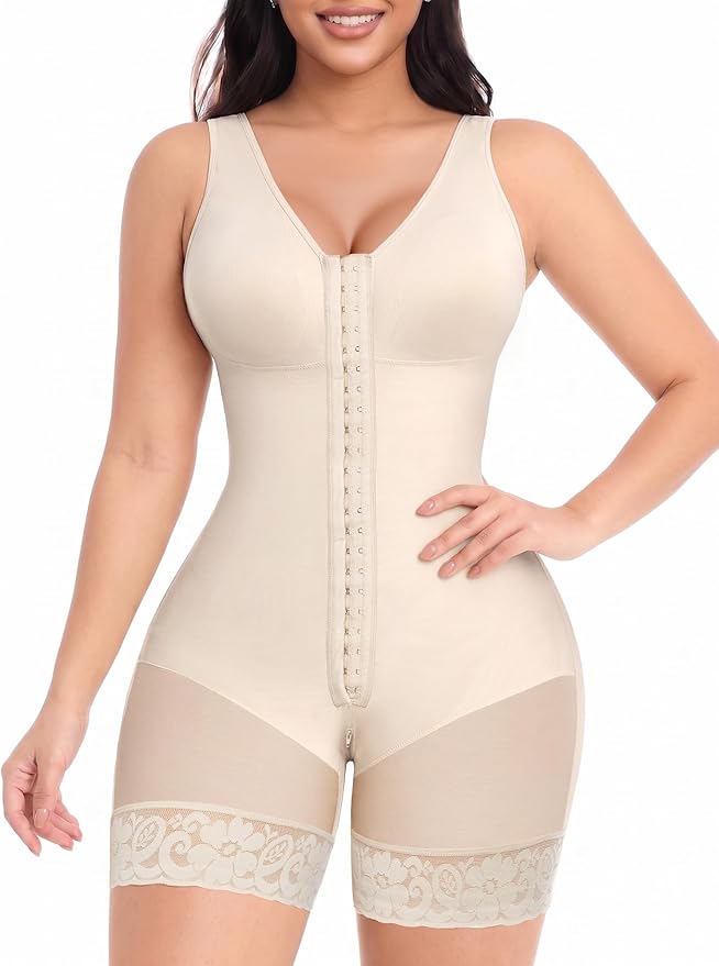 YIANNA Fajas Colombianas Shapewear for Women Tummy Control Full Body Shaper Butt Lifter with Zipper Crotch, YA7275-Beige-XL