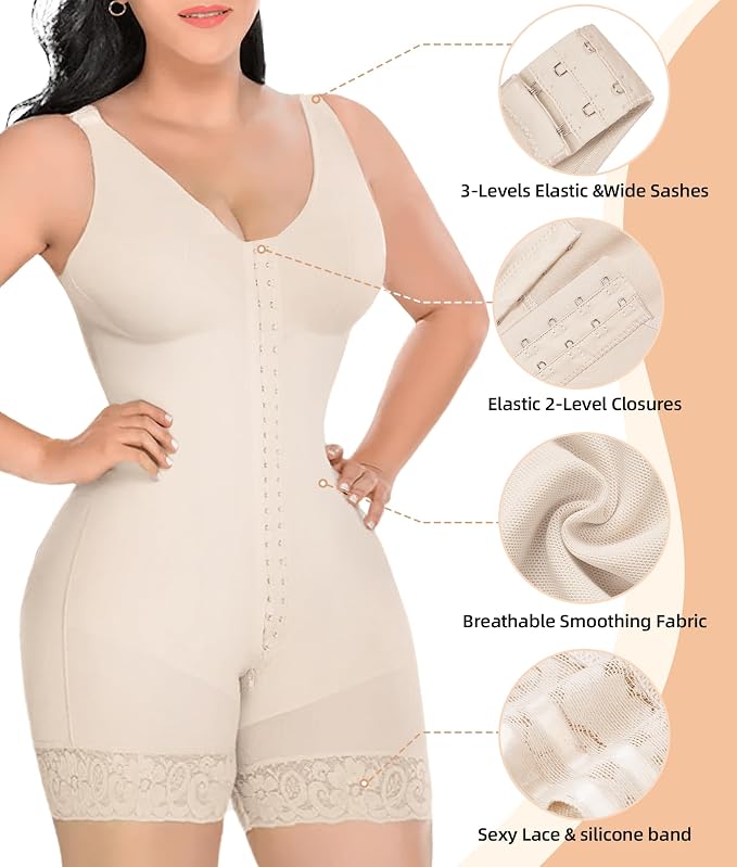 YIANNA Fajas Colombianas Shapewear for Women Tummy Control Full Body Shaper Butt Lifter with Zipper Crotch, YA7275-Beige-XL