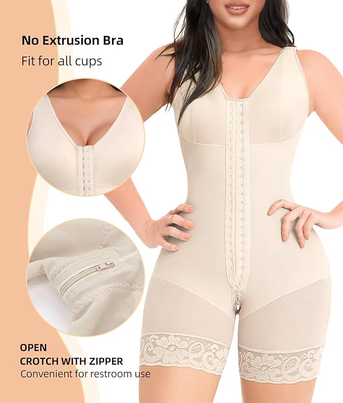 YIANNA Fajas Colombianas Shapewear for Women Tummy Control Full Body Shaper Butt Lifter with Zipper Crotch, YA7275-Beige-XL