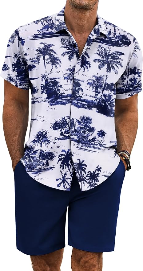 COOFANDY Men's Summer Beach Outfits 2 Piece Short Sleeve Shirts and Shorts Vacation Texture Linen Sets for Men Coconut Tree-White XL