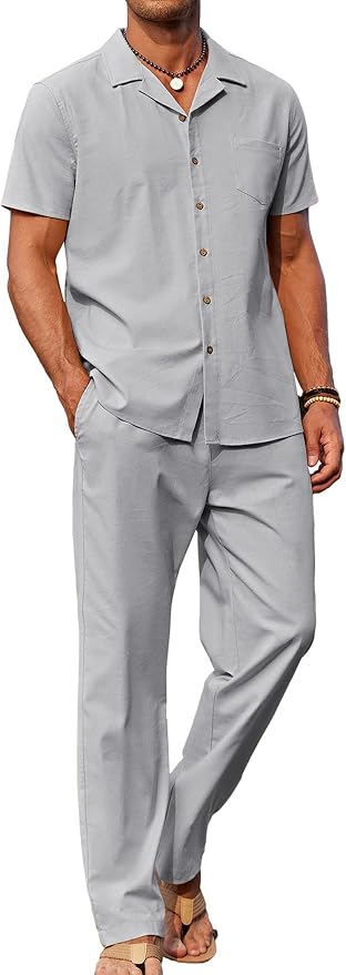 COOFANDY Men Linen Matching Shirt and Pant Set Casual Short Sleeve Shirt Beach Walking Pants