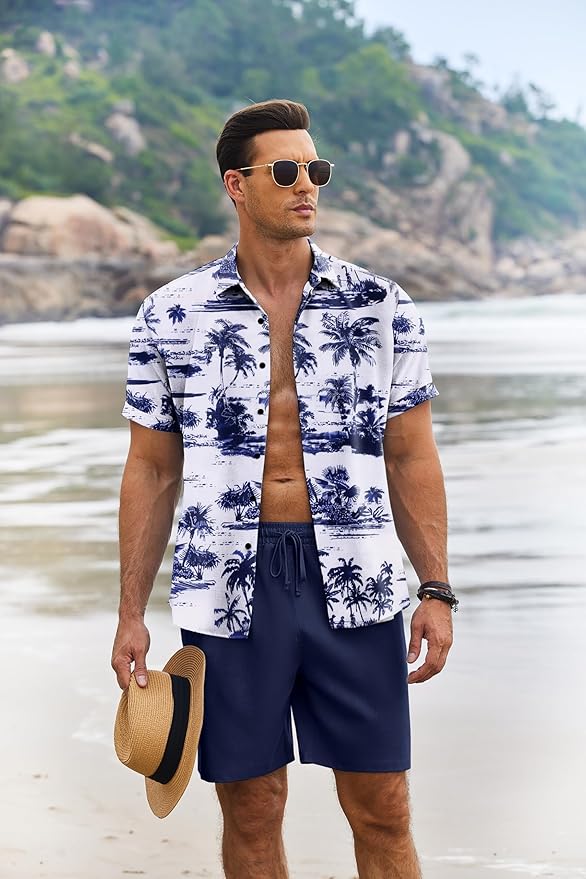 COOFANDY Men's Summer Beach Outfits 2 Piece Short Sleeve Shirts and Shorts Vacation Texture Linen Sets for Men Coconut Tree-White XL