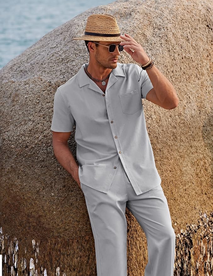 COOFANDY Men Linen Matching Shirt and Pant Set Casual Short Sleeve Shirt Beach Walking Pants