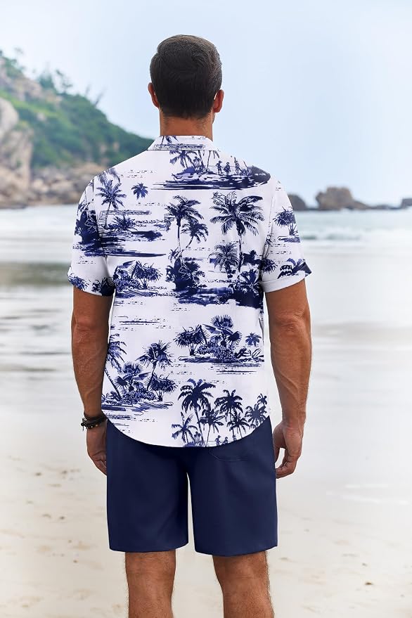 COOFANDY Men's Summer Beach Outfits 2 Piece Short Sleeve Shirts and Shorts Vacation Texture Linen Sets for Men Coconut Tree-White XL