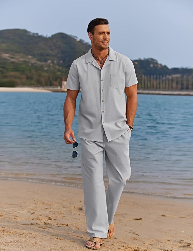 COOFANDY Men Linen Matching Shirt and Pant Set Casual Short Sleeve Shirt Beach Walking Pants
