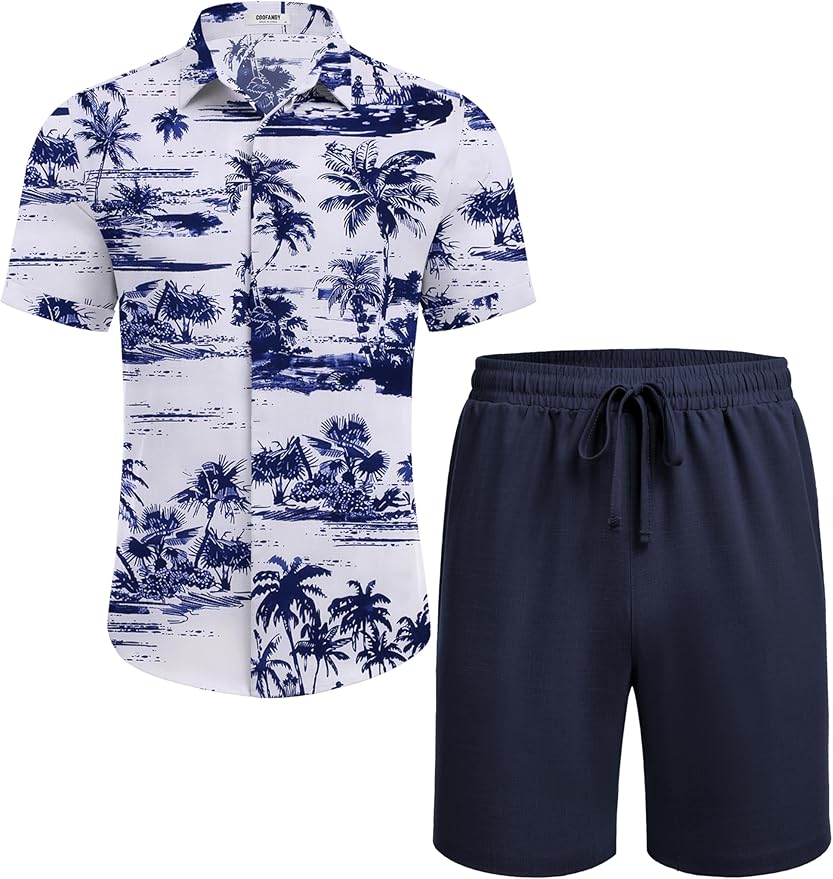 COOFANDY Men's Summer Beach Outfits 2 Piece Short Sleeve Shirts and Shorts Vacation Texture Linen Sets for Men Coconut Tree-White XL