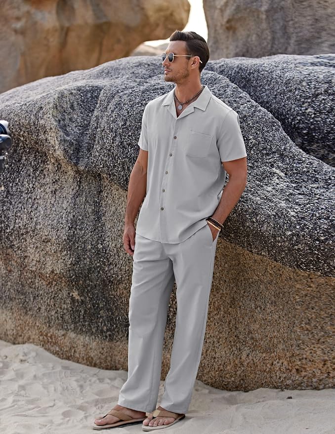 COOFANDY Men Linen Matching Shirt and Pant Set Casual Short Sleeve Shirt Beach Walking Pants