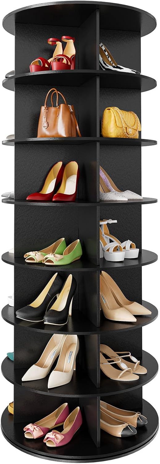 SpaceAid 7 Tier Rotating Shoe Rack Tower Spinning Shoe Display Lazy Susan Revolving 360 Shoe Rack Storage Round Carousel Vertical Handbag Rotate Shoes Closet Organization (7-Tier Black)