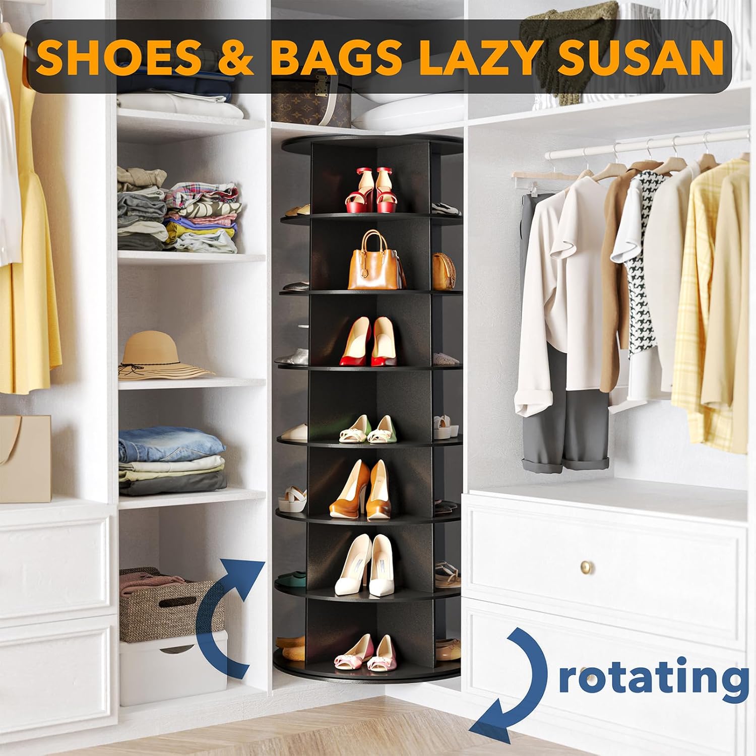 SpaceAid 7 Tier Rotating Shoe Rack Tower Spinning Shoe Display Lazy Susan Revolving 360 Shoe Rack Storage Round Carousel Vertical Handbag Rotate Shoes Closet Organization (7-Tier Black)