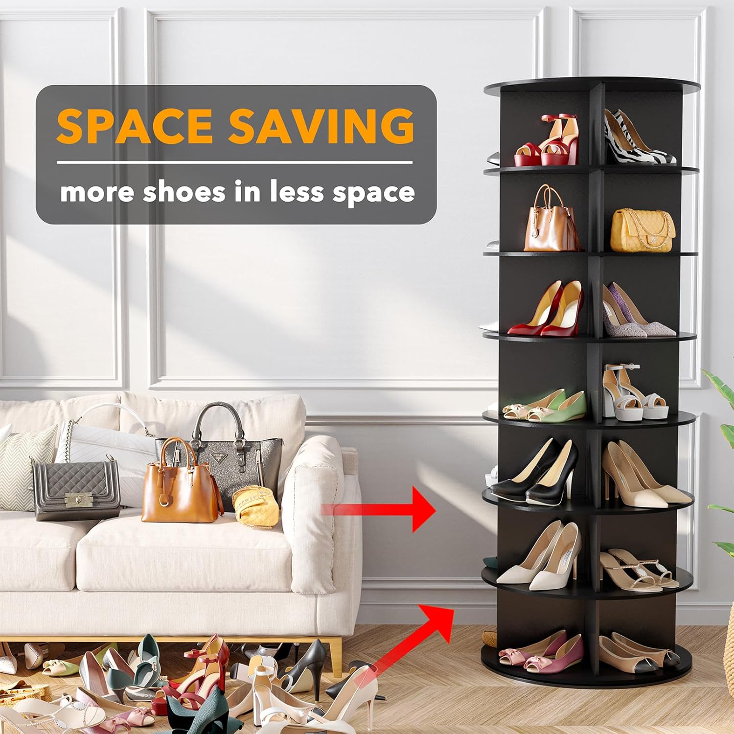 SpaceAid 7 Tier Rotating Shoe Rack Tower Spinning Shoe Display Lazy Susan Revolving 360 Shoe Rack Storage Round Carousel Vertical Handbag Rotate Shoes Closet Organization (7-Tier Black)