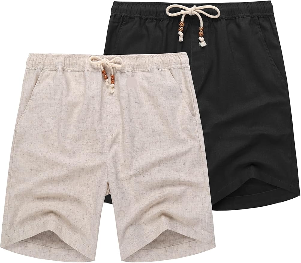 COOFANDY Men's 2 Packs Flat Front Linen Shorts Lightweight Beach Shorts